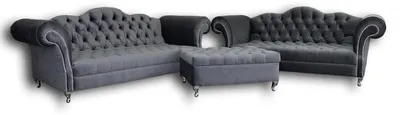 Immagine prodotto di Set divano Chesterfield di design 4+3 con pouf, rivestimento in tessuto