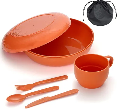 Produktbild von Campinggeschirr 6-teilig, Schüssel Teller Tasse Besteck, für Camping, mit Tragetasche, leicht