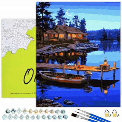Immagine prodotto di Oh Art! Pittura numerica per adulti e bambini Paesaggio - Casa sul lago 40x50 cm con cornice in legno, 26 colori acrilici e 3 pennelli - Set di pittura fai da te