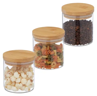 Produktbild von Relaxdays 3er Set Vorratsgläser mit Deckel 500 ml, Behälter, Rund, 0,5 l, Transparent, Bambus, Natürlich/Natur, Glas, Bambus, Silikon, Bambus