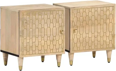 Imagen del producto de Conjunto de 2 mesitas de noche de 40x33x46 cm, fabricadas en madera maciza, con diseño de mango. Mesitas auxiliares con armario y motivos tallados a mano, ideales para dormitorios, habitaciones infantiles o pasillos. Diseño moderno, que ahorra espacio y aporta estilo