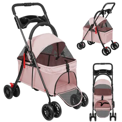 Image de Poussette pour chien Poussette pliable pour chat avec poignée et fenêtres en filet Rose