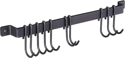 Produktbild von Wandmontierte Küchenschiene aus schwarzem Eisen, 43,5 cm, mit 10 S-Haken