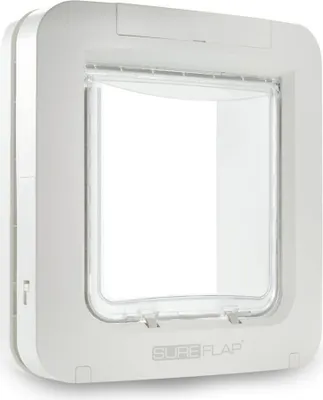 A white pet door with a clear flap is shown against a white background.