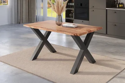 Produktbild von Esstisch Baumkante 120 x 80 cm Akazie natur massiv X-Gestell schwarz NICK