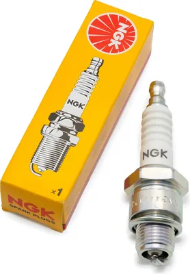 A spark plug and its packaging are shown against a white background.