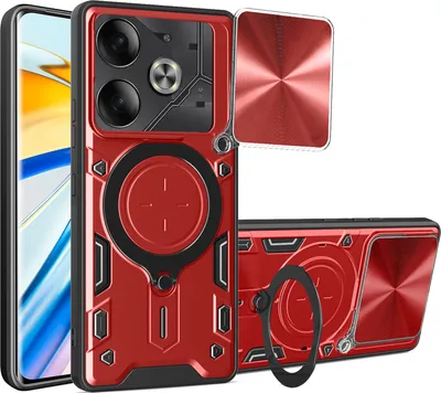 Produktbild von Handyhülle für Tecno Pova 6 4G Dual-Layer Stoßfest Rüstung Hülle mit Dia Kameraschutz und Kreisförmig Ring Ständer Rot