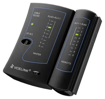 Obrázek produktu pro Testovací přístroj pro kabely, tester pro síťové kabely RJ45 a RJ11, černý, snadno ovladatelný