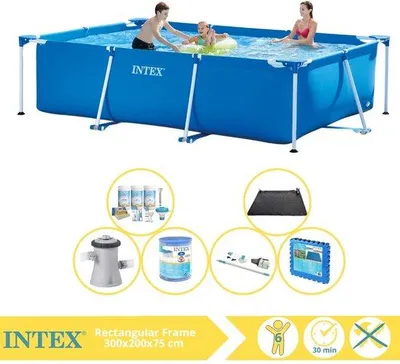 Obrázok produktu pre Obdĺžnikový bazén Intex s rámom – nadzemný bazén – 300 x 200 x 75 cm – vrátane balíčka na údržbu, bazénového čerpadla, filtra, vysávača, solárnej plachty a bazénových dosiek
