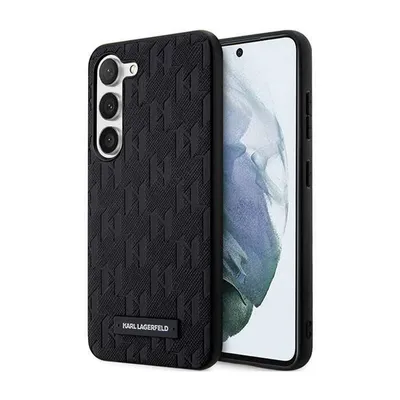 A black smartphone case with a textured pattern and a small black label with white text is shown next to a smartphone.