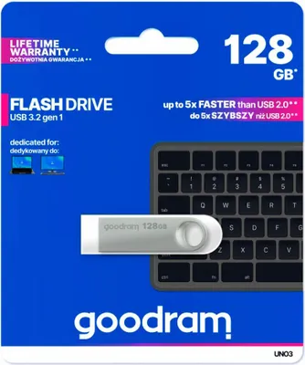Zdjęcie produktu dla Goodram USB UNO3-1280S0R11, 128 GB, USB Typu-A, 3.2 Gen 1 (3.1 Gen 1), 60 MB/s, Bez zatyczki, Srebrny