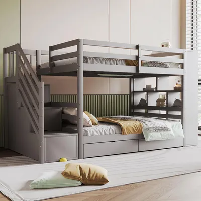 Obrázek produktu pro Patrová postel Sweiko 90x200 cm, bezpečnostní schody s úložnými prostory, úložné zásuvky a velké skříňky, vysoká plotová konstrukce, lamelový rošt, borovicová postel, dětská postel, postel pro mládež, šedá barva