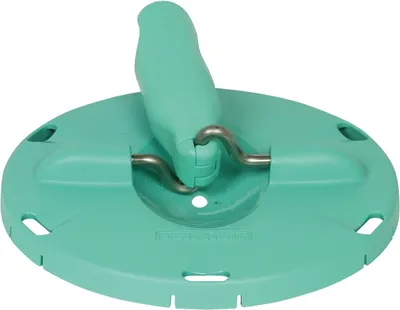A teal colored mop head base with metal attachments is shown against a white background.