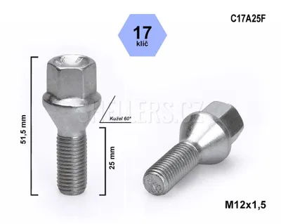 Obrázek produktu pro Kolový šroub M12x1,5x25 kuželový, klíč 17, C17A25F, výška 51,5 mm