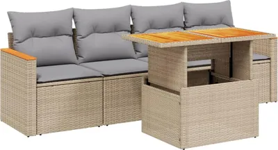 Produktbild von vidaXL 5-tlg. Garten-Sofagarnitur mit Kissen Beige Poly Rattan