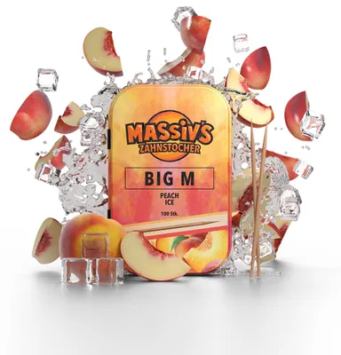 Produktbild von Massiv's Zahnstocher - Zahnstocher mit Geschmack – BIG M Pfirsich Ice – 100 aromatisierte Zahnstocher – frischer Atem – stylische Metalldose – vegan, zuckerfrei, kalorienfrei