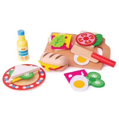 Produktbild von Bigjigs Toys Holz Sandwich-Set mit Teller, Schneidebrett, Messer, 22,5 x 15 x 1 cm