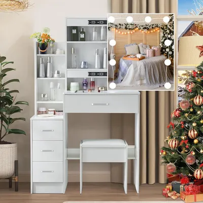 Produktbild von Schminktisch mit Spiegel und Hocker, Frisiertisch mit Beleuchtung, 3 Farbmodi, 4 Schubladen, 7 Fächer, 83x36x139cm, Silber Griff