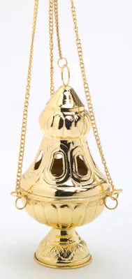 Produktbild von Weihrauchfass mit Kette zum Hängen aus Messing Gold poliert Höhe 24 cm mit Innenschale aus Stahl für die Räucherkohle