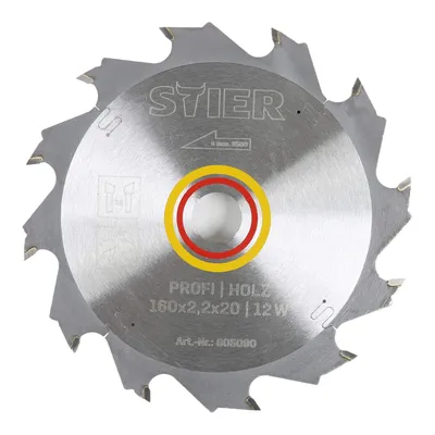 Produktbild von STIER Kreissägeblatt Profi Holz, 160 x 2,2 x 20mm, 20° Spanwinkel, 12 gehärtete Zähne, Wechselzahn