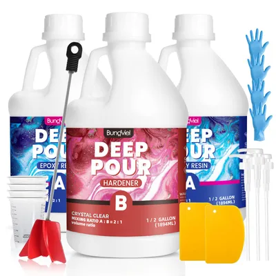 Produktbild von Deep Pour Epoxidharz-Set 2:1 Mischung, kristallklar hochglänzend, blasenfreies Gießharz für 5cm Gießtiefen, ideal für Flusstische, Blumenkonservierung