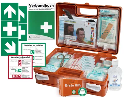 Produktbild von Erste-Hilfe-Koffer safeAID für den Betrieb nach aktueller DIN/EN 13157 inkl. Verbandbuch & Hand-Hygiene-Gel + Folienaufkleber