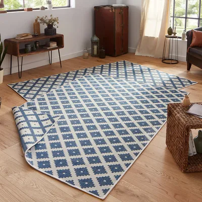 Produktbild von Wendeteppich Nizza Blau Creme In- & Outdoor, Größe:80x350 cm