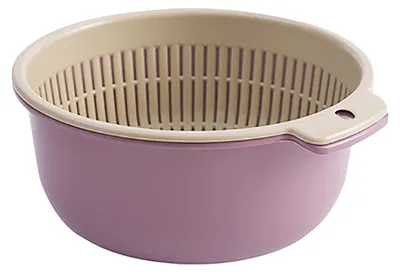 Zdjęcie produktu dla Koszyk do mycia owoców i warzyw, okrągły, dwuwarstwowy, sitko kuchenne, sitko, zestaw misek do mycia owoców i warzyw, fioletowy