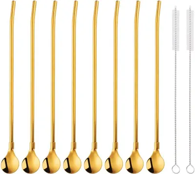 Imagen del producto de Pajitas y cucharas reutilizables de acero inoxidable 18/8, juego de 8 unidades, con 2 cepillos de limpieza, ideales para cócteles