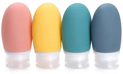 Productafbeelding van Reisflessen set, 4 stuks, 60 ml, siliconen, lekvrij, navulbaar, blauw, cyaan, roze, geel