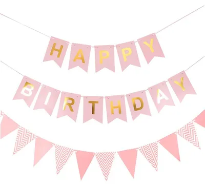 Produktbild von Geburtstagsdeko Set Happy Birthday Girlande mit Wimpelkette Rosa Gold