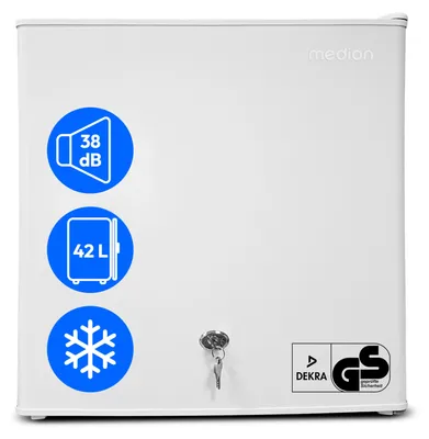 Produktbild von MEDION Mini Kühlschrank mit Schloss und Eisfach (klein, leise, 42L kleiner Kühlschrank für Büro Hotels Minibar Camping Gaming, Speisen & Eis, Türanschlag wechselbar, MD 370001) weiß