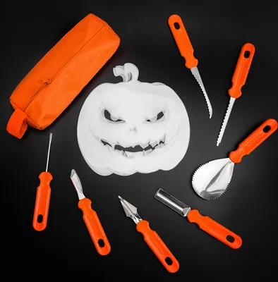 Produktbild von PRECORN Halloween Kürbis Schnitzset Schnitzwerkzeuge - 7-teiliges Werkzeugset mit 6 Kürbisschnitz Vorlagen für Kürbisschnitzen Familien-Spaß Dekoration