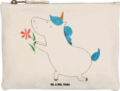 Produktbild von Mr. & Mrs. Panda Mäppchen Einhorn Blume Größe M - Weiß - Geschenk, Partner, Kulturbeutel, Schminktasche, Unicorn, Liebe, Heiraten, kosmetiktäschchen, Kulturtasche, Ehe