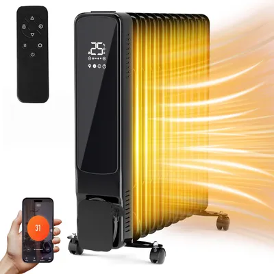Obrázok produktu pre Izrielar olejový radiátor 2500W 11 rebier s LCD displejom dotykovou obrazovkou WiFi aplikácia a diaľkové ovládanie Mobilný olejový radiátor 24-hodinový časovač vykurovací termostat a ochrana proti prehriatiu Čierna