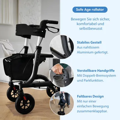 Produktbild von Safe Age® Rollator: Leicht und faltbar – mit Sitzfunktion – für drinnen und draußen – inklusive Rückenlehne und Gehstockhalter"