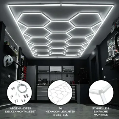 Produktbild von 14er-Pack Hexagon LED Deckenleuchte mit Rahmen, 680W LED Wabenleuchte, geeignet für Garagen, Fitnessstudios, Salons, Studios und Autowerkstatt