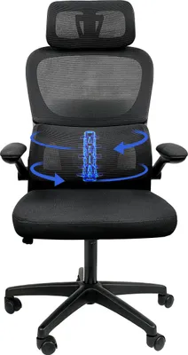 A black ergonomic office chair with a mesh back and headrest, featuring a graphic overlay illustrating lumbar support.