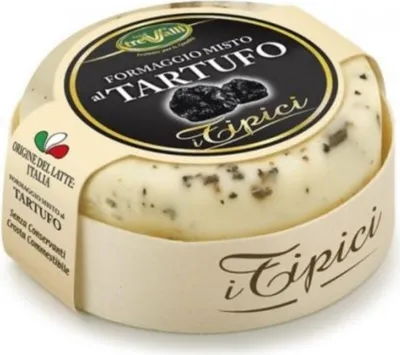 A round wheel of cheese with black truffle pieces, presented in its packaging.