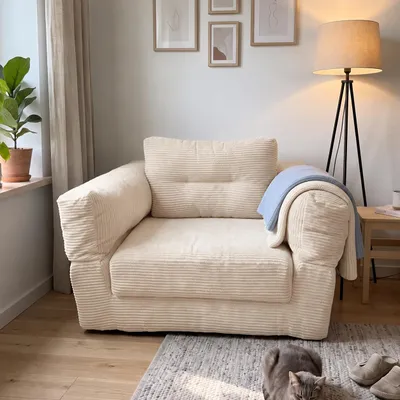 Produktbild von Einzelsessel Beige mit Schlaffunktion, 100 x 95 x 60 cm, ausklappbar zum Bett 70 x 190 x 30 cm, Cordbezug und Schaumstoffpolsterung