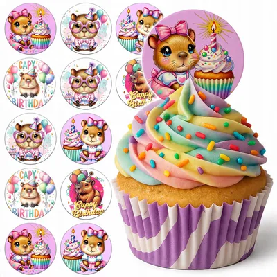 Zdjęcie produktu dla Opłatek Na Babeczki Muffinki Zestaw Na Urodziny 12Szt - Kapibara