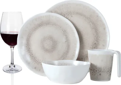 Produktbild von Melamin Camping Geschirr Set 4 Personen Amboss Design 16 Teilig + 4 Rotweingläser Weingläser Tafelgeschirr Picknick BBQ Kochgeschirr