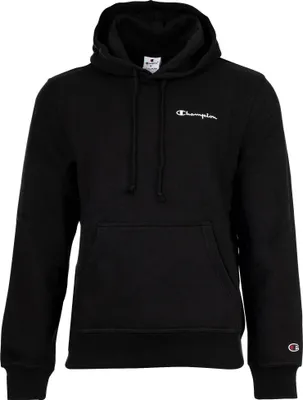 A black Champion hoodie with a small embroidered logo on the chest.