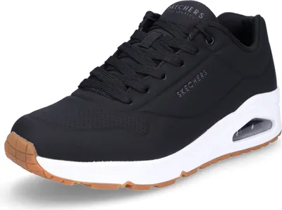 A single black Skechers Uno Stand On Air sneaker is shown from a side-angle on a white background.