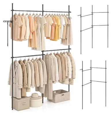 Produktbild von COSTWAY Teleskop-Kleiderständer Metall höhenverstellbar, Begehbarer Kleiderschrank mit Stangen & Greifstange für Wohnzimmer und Waschküche, Schwarz