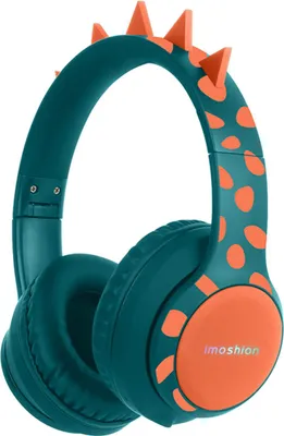 Productafbeelding van imoshion Draadloze Kinderkoptelefoon Dino - Decibelbegrenzer - Met AUX kabel - Petrol Green / Orange