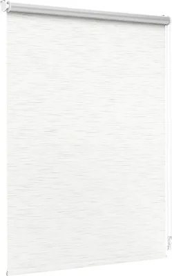 A white roller blind is shown hanging from a silver roller mechanism.