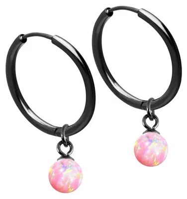 Produktbild von Chirurgenstahl Ohrclicker Creolen SYNTHETISCHER OPAL Farbe: Schwarz + Opal: Rosa Innendurchmesser: 14 mm