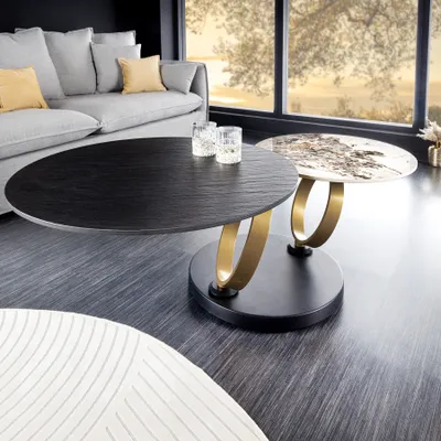 Produktbild von riess-ambiente Design Couchtisch DANCING RINGS rund drehbar schwarz / Pandora Keramik goldene Ringe schwarzes Metallgestell