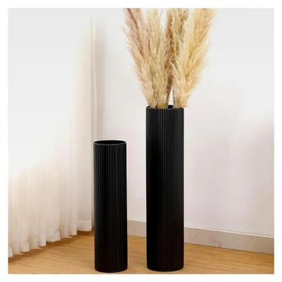 Produktbild von Hohe Bodenvasen, 2er-Set große Bodenvasen, hohe Blumenvase für Pampasgras, schwarze Metallvase für Wohnzimmer, Eingangsbereich, Büro, Esszimmer, Schlafzimmer, Kamin, Wohnecke